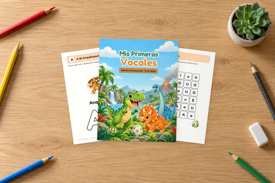 Cuaderno Mis Primeras Vocales, edición dinosaurios, impreso sobre una mesa